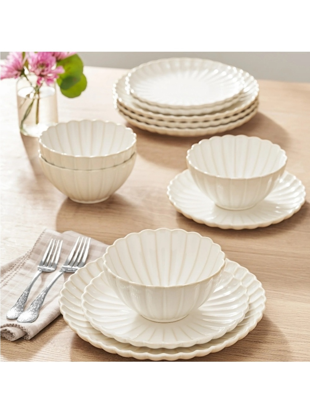 The Pioneer Woman Colette 12-Piece Stoneware Dinnerware Set, Cream